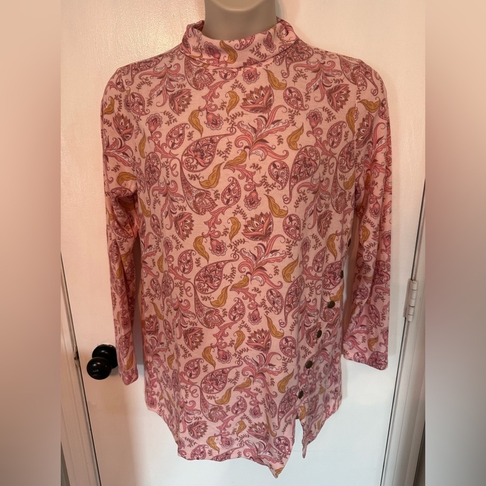 Chic Pink and Yellow Paisley Tunic with High Neck LagenLook Sz L #1747